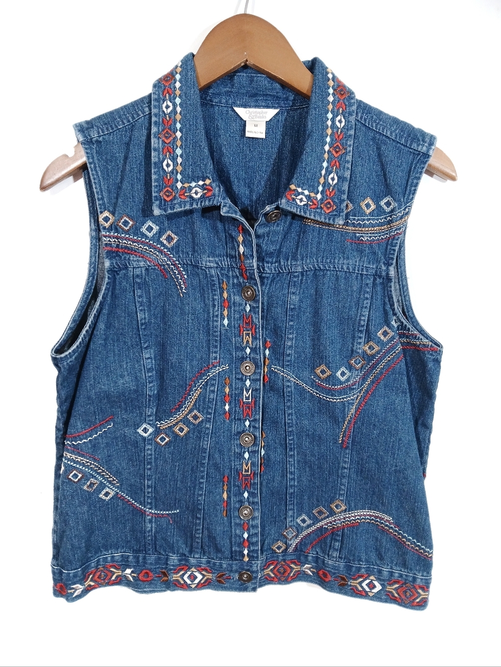 Christopher & Banks Embroidered Denim Vest Medium | Southwestern Boho